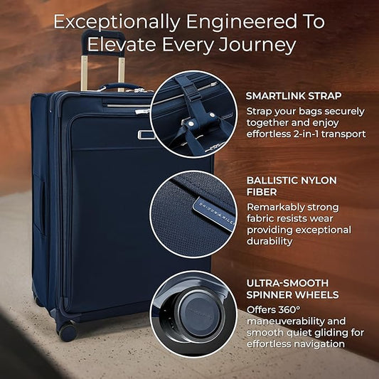 Briggs & Riley 31" Extra Large Expandable Spinner - Checked Luggage for Travel, Suitcases with Wheels, Softside Rolling Bag for Men & Women, Self-Repairing Zipper - Baseline Collection, Navy