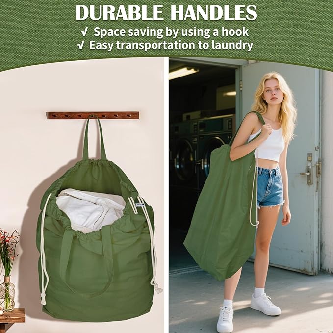 Canvas Laundry Bags with Handles & Rectangular Base, 90L Extra Large Heavy Duty Laundry Basket Hamper Liner Replacement, Washable Cotton Drawstring Dirty Clothes Bag (Army Green)