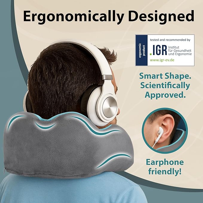 FLOWZOOM Memory Foam Travel Pillow for Airplanes & Car Rides - Adjustable Airplane Pillow with 360° Chin and Neck Support for Comfy Naps, Extra-Soft Washable Neck Pillow Cover, Squeezy Mesh Bag - Grey