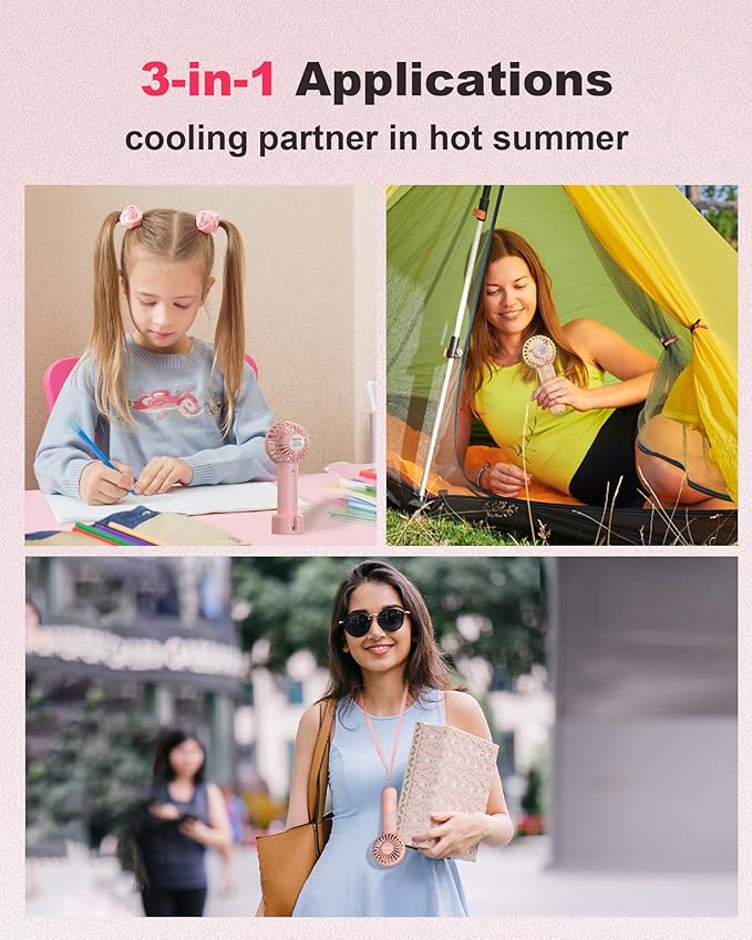 Coohea Mini Handheld Fan, Small Cute Design, 3 Powerful Speeds, USB Rechargeable Battery Operated, Personal Portable Fan with Base & Lanyard, for Eyelash Makeup Travel Beach Office Desk, Pink