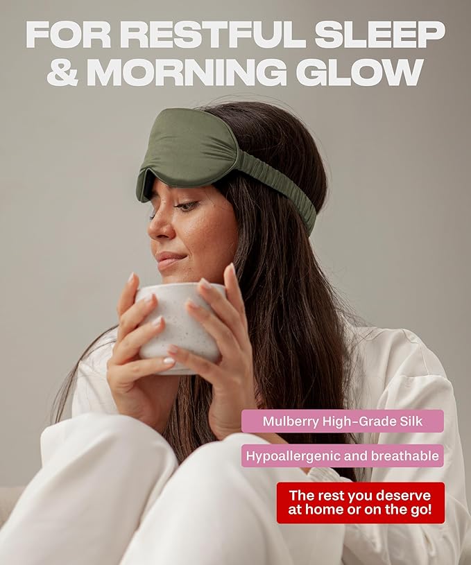 SUNDAYSILKS™ Exclusive Mulberry Silk Sleep Mask | Soft Eye Covers, Blackout Sleeping Mask for Women & Men | Silk Eye Mask for Sleep, Travel, and Relaxation | Antifaz para Dormir [Olive]