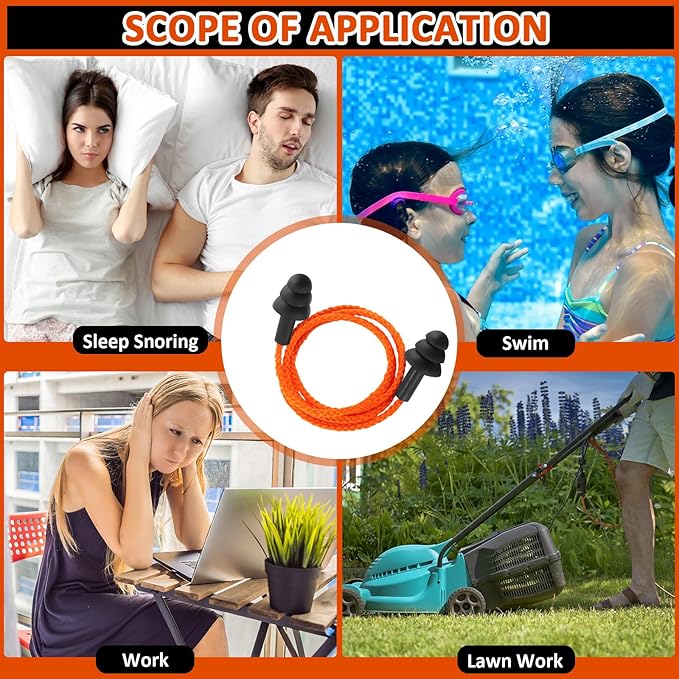 Xuhal 200 Pairs Corded Ear Plugs Silicone Earplugs with Cord Individually Wrapped Reusable Earplugs Sleep Noise Cancelling Hearing Protection for Snoring Shooting Studying Construction (Black)