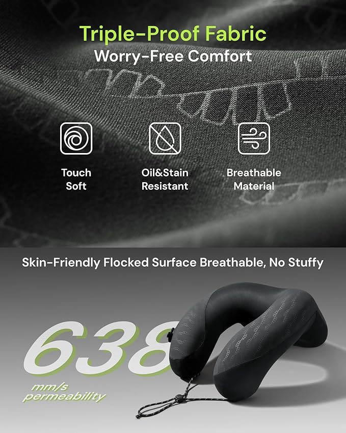 BENEUNDER Travel Neck Pillow for Airplane, Inflatable Compact 360°Head Support Pillow, Comfortable Breathable Cover for Travel, Train,Car with Storage Bag, Black