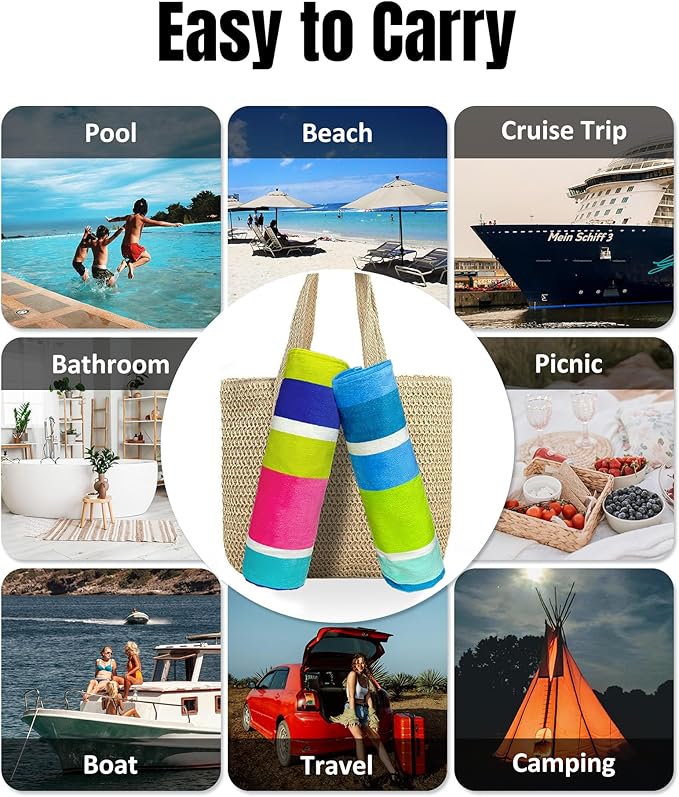 cabanana Large Beach Towel Oversized - Cotton Velour 35 x 70 Inch Rainbow Striped Terry Pool Towel, Cabana Soft Swimming Towel for Adults Women Men (Rainbow Pink)