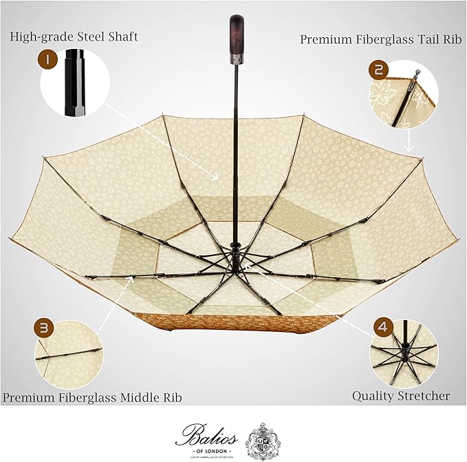 Balios Travel Folding Umbrella with Real Wood Handle Auto Open Close Vented Windproof Canopy - Designed in UK