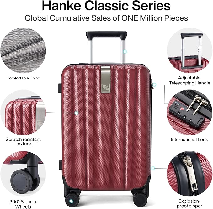Hanke 20 Inch Carry On Luggage 22x14x9 Airline Approved Lightweight PC Hard Shell Suitcases with Wheels Travel Luggage Rolling Suitcase Travel Luggage Bag Christmas Gifts for Birthday （Burgundy）