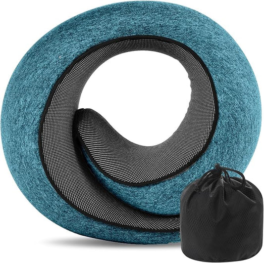 REDOFF®Travel Pillow for Neck Support, Memory Foam Neck Pillow for Airplane, Car, Office - Adjustable Strap with Magic Tape, Breathable & Portable with Storage Bag（Peacock Blue