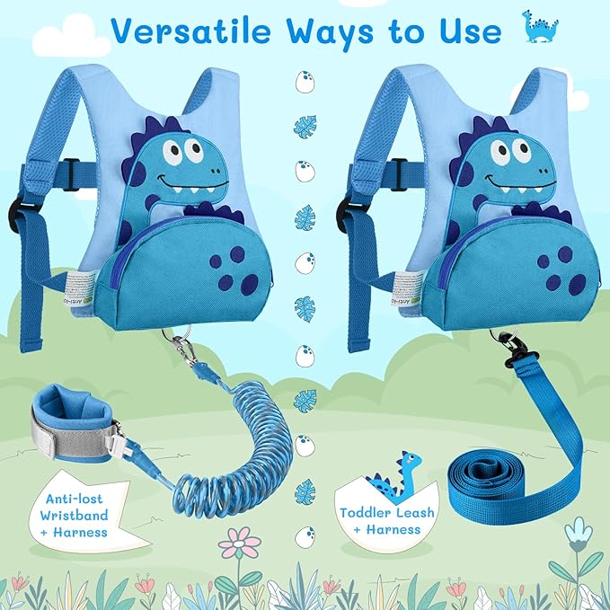 3 in 1 Toddler Harness Leash + 8.2ft Anti Lost Wrist Link, Cute Dinosaur Kids Safety Harness with Key Lock, Child Walking Harness Assistant Strap for Outdoor Activity Travel