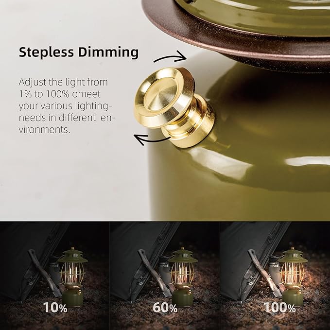 Metal Vintage LED Camping Lantern, 6800mAh Rechargeable Battery Last 17-500 Hours Camping Lamp, Large Dimmable Hanging Lantern, Retro Camping Light with Hook for Courtyard Outdoor Decoration