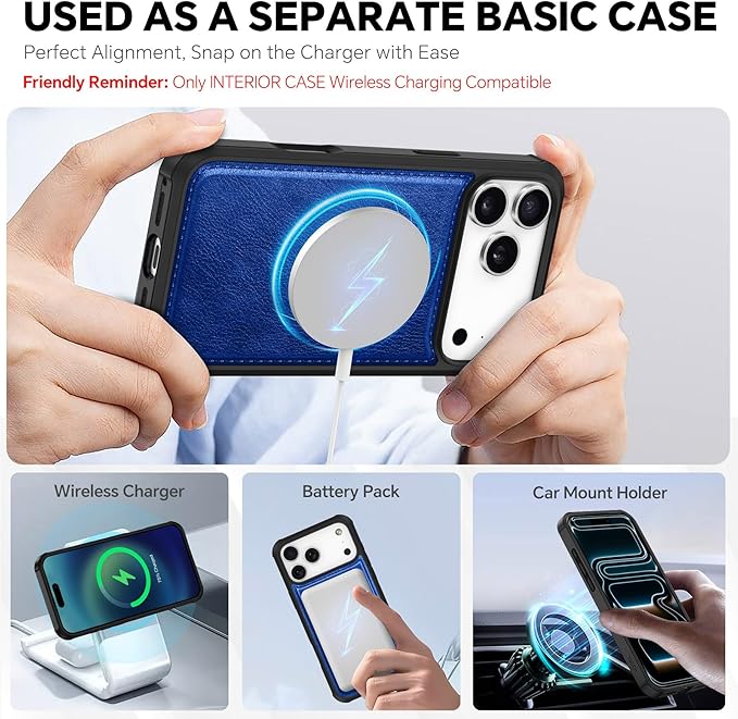 TUCCH 2-in-1 Detachable Wallet Case for iPhone 17 Pro Max 6.9" 2025, RFID Blocking 4 Card Slot | Wireless Charging | Wrist Strap | Kickstand | Magnetic | PU Leather | Protective Cover | Klein Blue