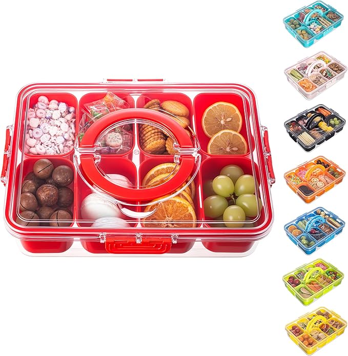 Divided Serving Tray with Lid and Handle - Snackle Box Charcuterie Container for Portable Snack Platters Organizer for Candy, Fruits, Nuts, Snacks - Perfect for Party, Entertaining, Red