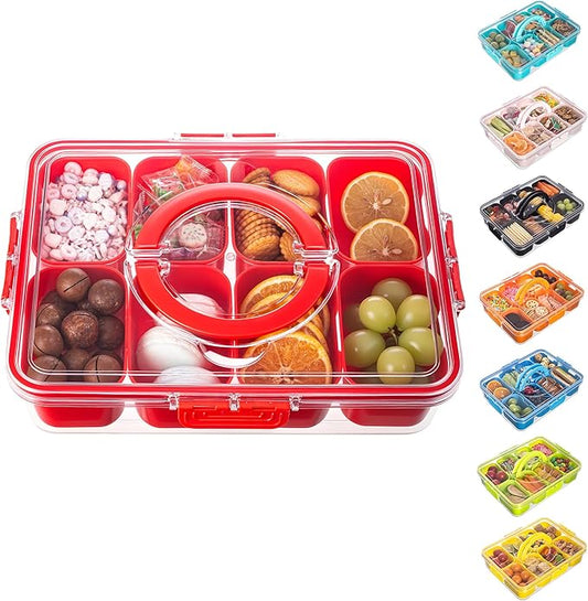 Divided Serving Tray with Lid and Handle - Snackle Box Charcuterie Container for Portable Snack Platters Organizer for Candy, Fruits, Nuts, Snacks - Perfect for Party, Entertaining, Red