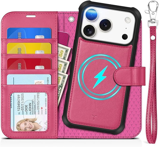 TUCCH 2-in-1 Removable Wallet Case for iPhone 17 Pro (6.3-inch) 2025, Wireless Charging | RFID Blocking 4 Card Slot | Wrist Strap | Kickstand | Magnetic | PU Leather | Protective Flip Cover | Hot Pink