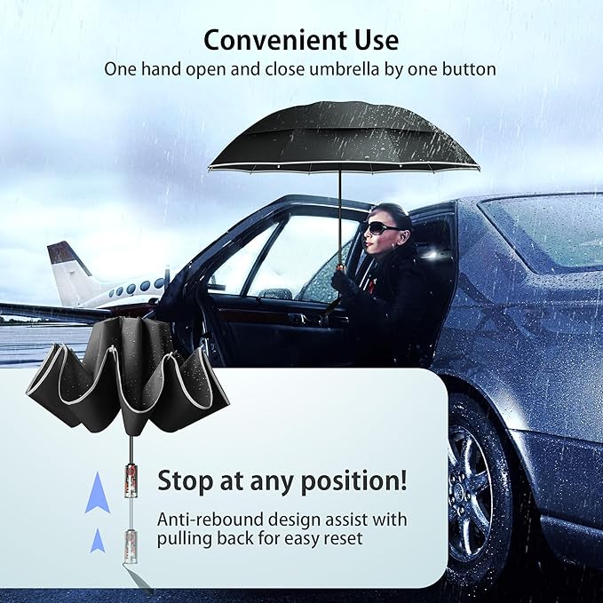 Urvoix Compact Golf Umbrellas Windproof, Travel Umbrella for Rain, 10 Ribs Aluminum Alloy & Fiberglass w/Reflective Stripe, Double Canopy Automatic Anti-bounce Close