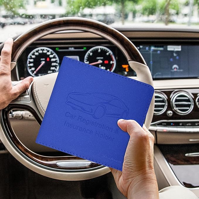 Car Insurance and Registration Holder, 5.5 x 5 Inch PU Leather Vehicle Glove Box Organizer Wallet Case for Insurance Card, Driver License, Paperwork - Blue