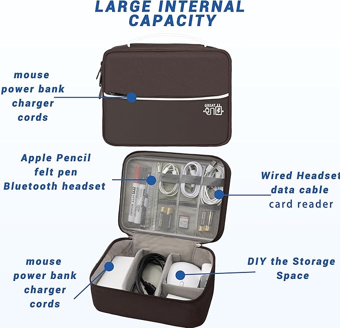 Electronics Organizer,Travel Cord Organizer Pouch, Portable Cable Organizer Bags, Waterproof Electronic Accessories Storage Case for Cables, Cords, Charger, Phone (Double Layer-Brown)