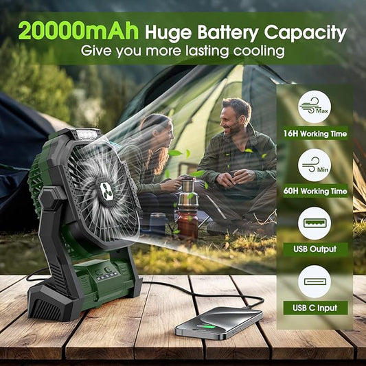 Portable Rechargeable Fan, 20000mAh Cordless Battery Powered Camping Tent Fans with LED Lantern, Small USB C Operated Outdoor Ventilador for Travel Camp Fishing Picnic Home Power Outage Emergency
