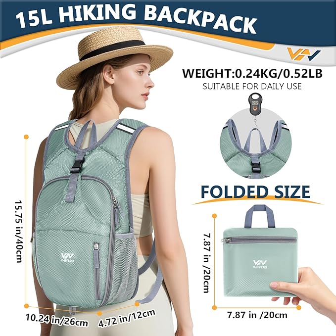 15L Foldable Hiking Backpack,Lightweight Packable Waterproof Machine Washable Daypack with Chest Strap,Small Folding Pack for Travel/Walking for Men&Women-0.52LB Grey