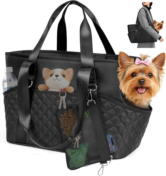 YUDODO 4-12lbs Dog Tote Bag for Women, Lightweight Small Dog Purse Carrier with Treat Pouch & Safety Clip, Large Pockets Pet Shoulder Handbag for Travel, Outing, Vet, Black, Purse+Treat Pouch