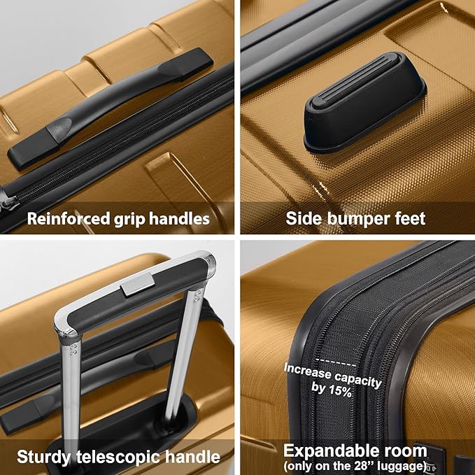 Coolife Luggage Expandable(only 28") Suitcase PC+ABS Spinner Built-In TSA lock 20in 24in 28in Carry on (Black brown, L(28in).)