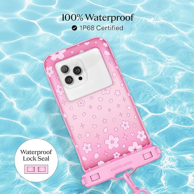 VELVET CAVIAR Waterproof Phone Pouch with Lanyard | IP68 Floating Case for iPhone & All Phones | Dry Bag for Snorkeling, Beach, Kayaking | Travel & Cruise Essentials for Women (Pink Cherry Blossom)
