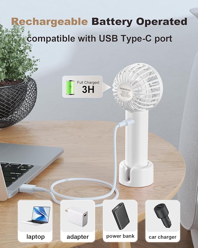 Coohea Mini Handheld Fan, Small Cute Design, 3 Powerful Speeds, USB Rechargeable Battery Operated, Personal Portable Fan with Base & Lanyard, for Eyelash Makeup Travel Beach Office Desk, White