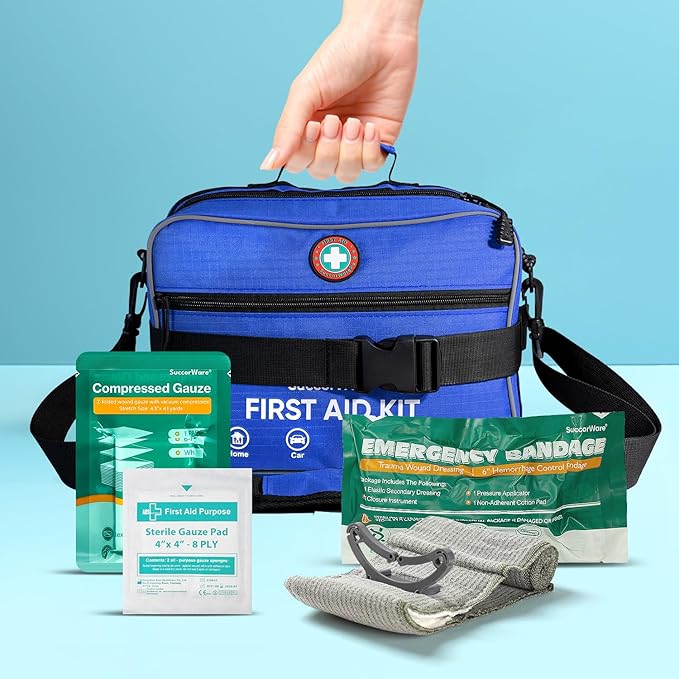 Professional 435 Pieces Large First Aid Kit - Includes Compressed Gauze - Compartments Emergency Medical Kit for Home, Camping, Backpacking, Travel, Boat, Car,Outdoors (Blue)