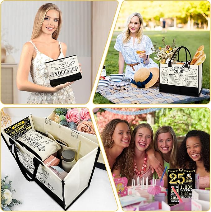 25th Birthday Gifts for Women Canvas Tote Bag Travel Gear, Unique 25 Years Old Birthday Gifts for Girlfriend Sister Friends Her, Vintage 2000 Handbag & Cosmetic Bag & Back in 2000 Poster