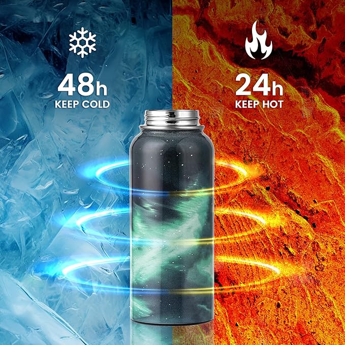 32oz Insulated Water Bottle, Triple Wall Vacuum Stainless Steel Water Bottles - Keeps Cold 48H, Reusable Metal water flask Jug for Gym, Sports, Camping, Hiking,Travel, Aurora-Green