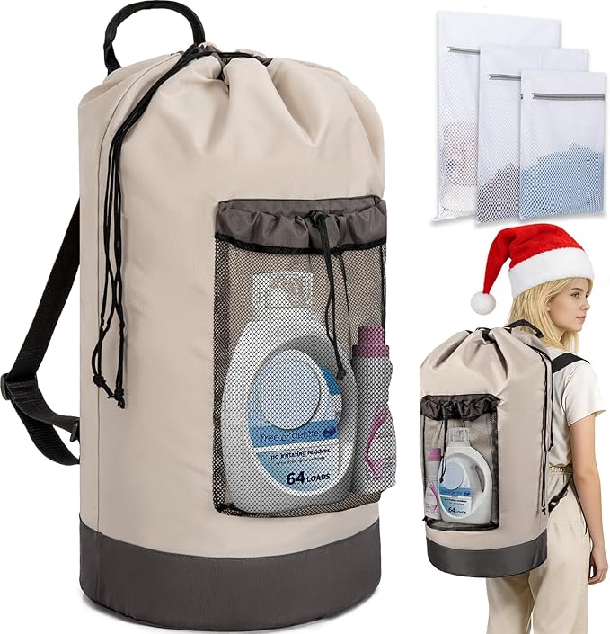 Laundry Bag Backpack with 3 Sizes Mesh Wash Bags and Shoulder Straps Foldable Clothes Hamper Bag with Drawstring Closure for College, Apartment, Laundromat (Grey)