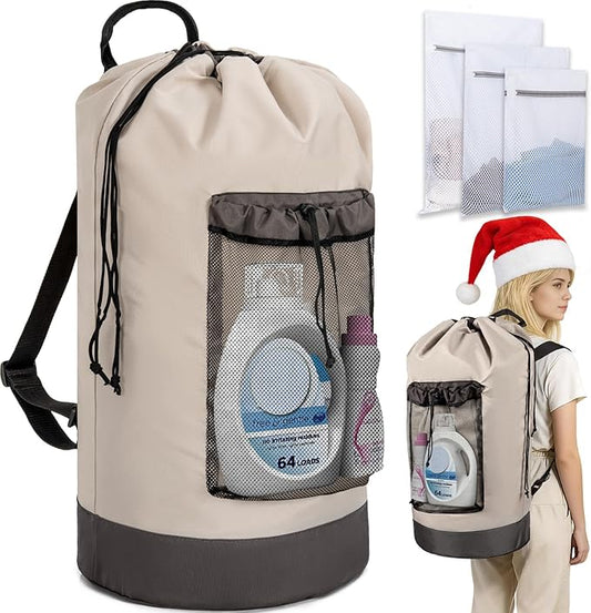 Laundry Bag Backpack with 3 Sizes Mesh Wash Bags and Shoulder Straps Foldable Clothes Hamper Bag with Drawstring Closure for College, Apartment, Laundromat (Grey)