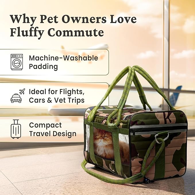 FLUFFY COMMUTE™ TSA Airline Approved Dog Carrier | Soft-Sided | Fits Small Dogs & Pets Up to 15 lbs & 17” Long × 11” Tall | Camo w/Green Handle