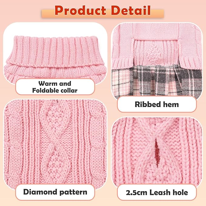 YUDODO 2 Pack Small Dog Sweater Dress with Bowtie Turtleneck - Knitted Pet Girl Dog Winter Clothes - Pet Warm Sweater for Puppy Yorkies, Chihuahua (M Grey+Pink)
