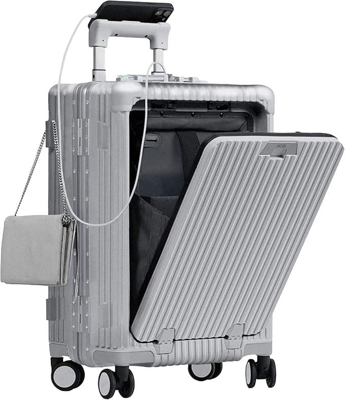 Nobl Travel Carry On Luggage, Noble Zipperless Aluminum Frame PC Hard Shell Suitcase, 20.8"x15"x8.7" Airline Approved, 360° Spinner Wheels, TSA Locks, USB Charging Port, Cup & Phone Holder - Silver