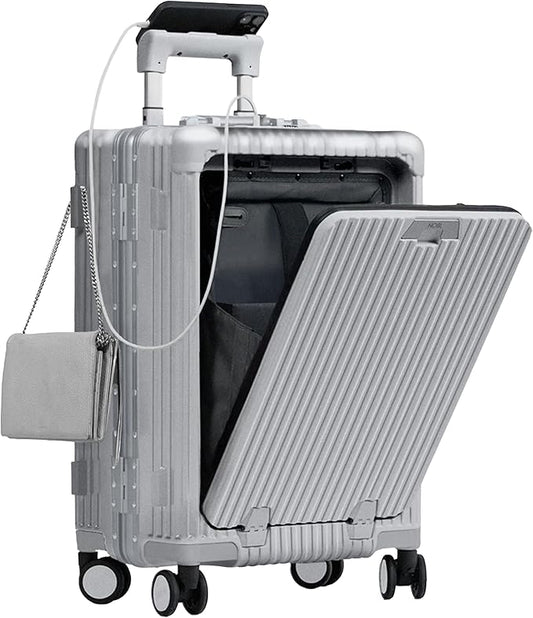 Nobl Travel Carry On Luggage, Noble Zipperless Aluminum Frame PC Hard Shell Suitcase, 20.8"x15"x8.7" Airline Approved, 360° Spinner Wheels, TSA Locks, USB Charging Port, Cup & Phone Holder - Silver