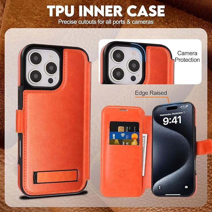 CIVICASE for iPhone 16 Pro Wallet Case with Stand,PU Leather Flip Credit Card Holder Slots (RFID Blocking),Compatible with Magsafe Magnetic Holder Phone Cover Women Men,Orange