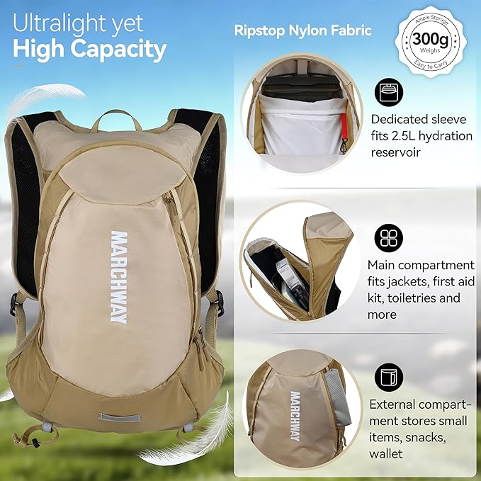 MARCHWAY Ultralight Hydration Backpack with 3L TPU Water Bladder, Sleek High-Capacity Day Pack for Cycling, Hiking, Running, Backpacking, Travel
