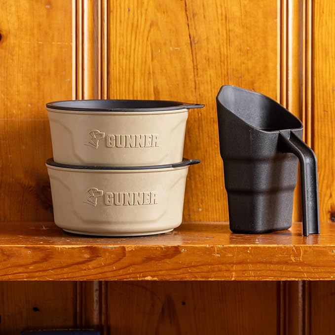 GUNNER Dog Bowl with Spill-Proof Travel Lid- K9 Companion Food & Water Bowl, Lightweight Rust-Proof & Shock Resistant Stackable, Leak Resistant Nesting Lid, (Tan)