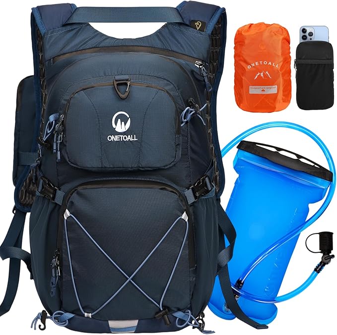 ONETOALL Hydration Backpack 22L, Hiking Backpack with 2L Leakproof Bladder, Sewn-in Rain Cover, Insulated Compartment for Men & Women Running, Cycling, Camping