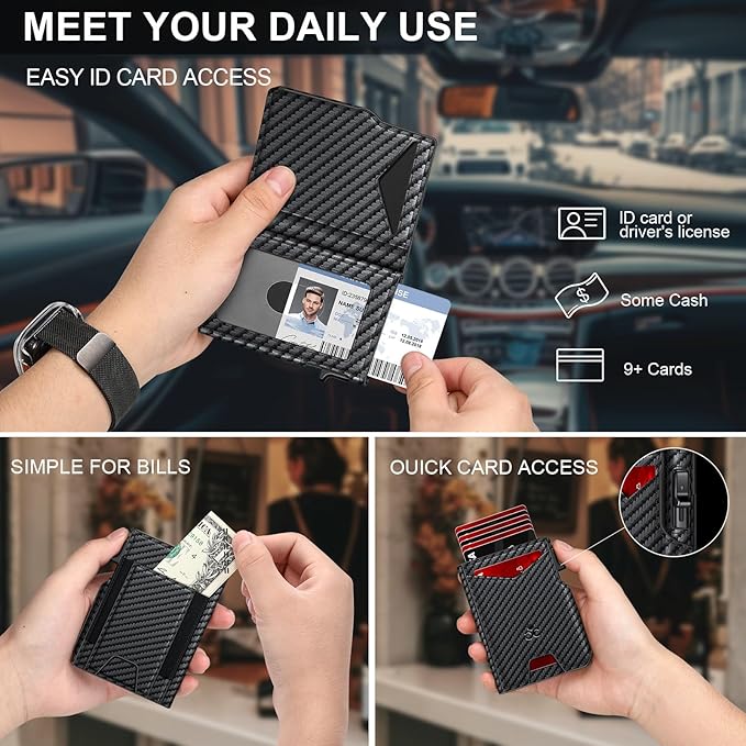 Wallet for Men Wallet with Slim Pop Up Card Holder 9-13 Cards, Bifold Minimalist Smart Wallet RFID Blocking Credit Card Holder with ID Window & Stretchable Cash Slot Compact Metal Aluminum Card Case