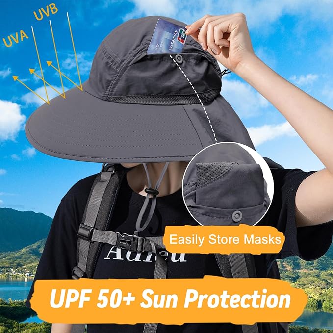 Sun Hats for Men Women Detachable Face Cover Wide Brim Fishing Hats with Neck Flap UPF 50+ Outdoor Safari Hats
