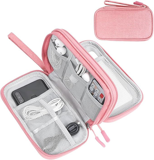 FYY Electronic Organizer, Electronic Accessories Carry Case Portable Waterproof Pouch Double Layers Storage Bag for Travel Cable, Cord, Charger, Phone, Earphone, Medium Size, Pink