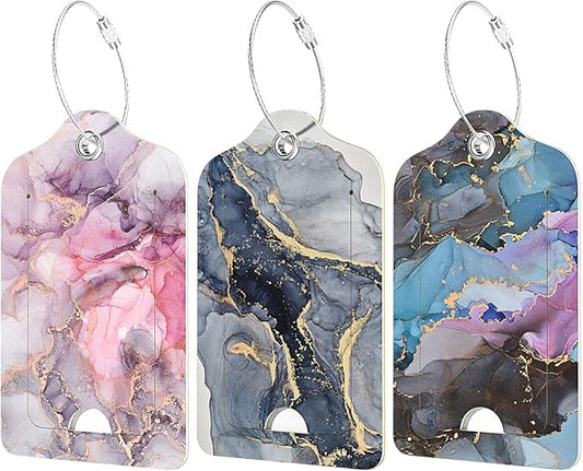 Rimilak 3 Pcs PU Leather Luggage Tags for Suitcase, Travel Cruise Luggage Tag with Privacy Flap, Name ID Label and Metal Loop for Women Men Baggage Handbag School Bag Backpack, Colorful Marble