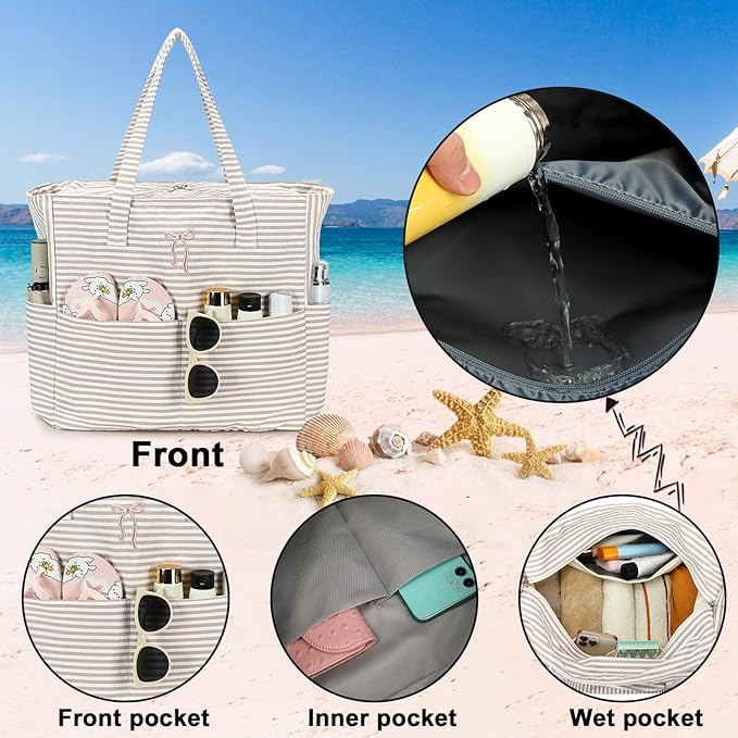 Beach Pool Bags Tote for Women Ladies Large Gym Tote Carry On Bag With Wet Compartment for Weekender Travel Waterproof