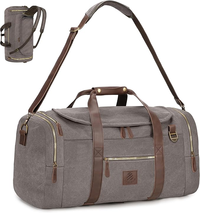 60L Travel Bags for Men, Nomad Canvas Duffle Bag Vintage Genuine Leather Travel Duffel Bag Multifunctional Weekender Overnight Backpack with Shoes Compartment (Grey, X Large-60L)