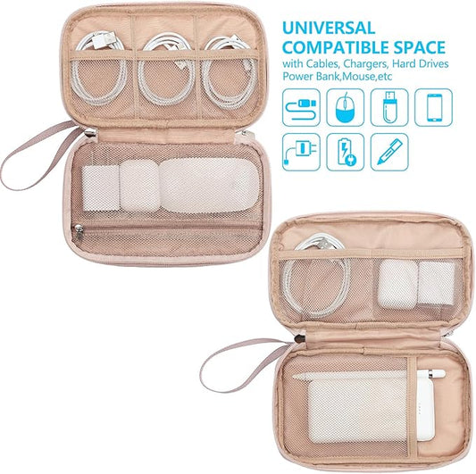 NISHEL Travel Cord Organizer Case, Double Layers Tech Electronic Bag, Essentials for Charger, Cable, Phone, Flash drive, Medium, Pink