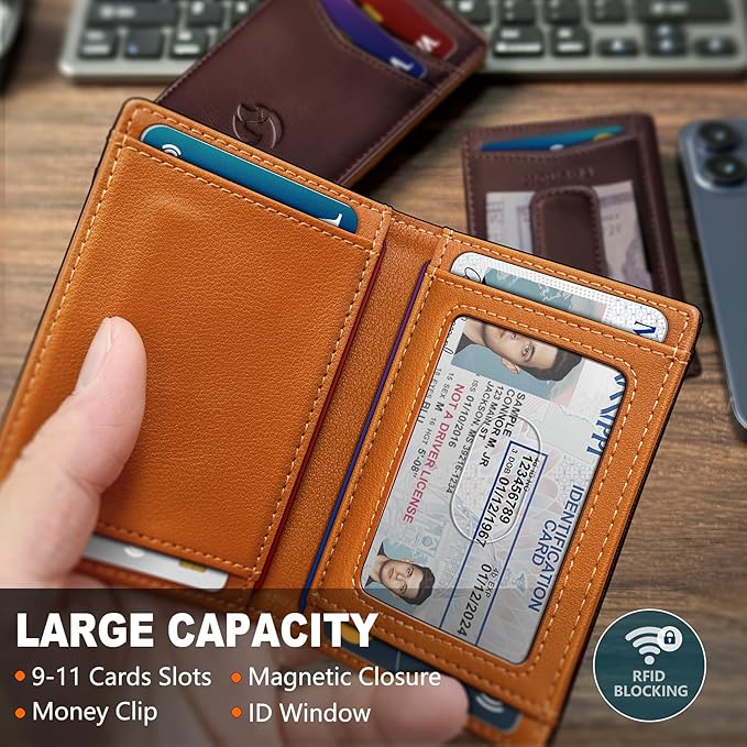 Housmai Magnetic Closure Slim Wallet for Men with Money Clip Gift Boxed,Genuine Leather Front Pocket Wallet, 3.9"x 2.7", RFID Blocking