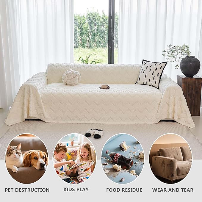 Sherpa Fleece Couch Cover for 3 Cushion Sofa, Beige, 71" x 150" - Pet Proof Sofa Covers Heavy Duty Scratch Resistant Pet Friendly Furniture Cover - Easy Install, Machine Washable