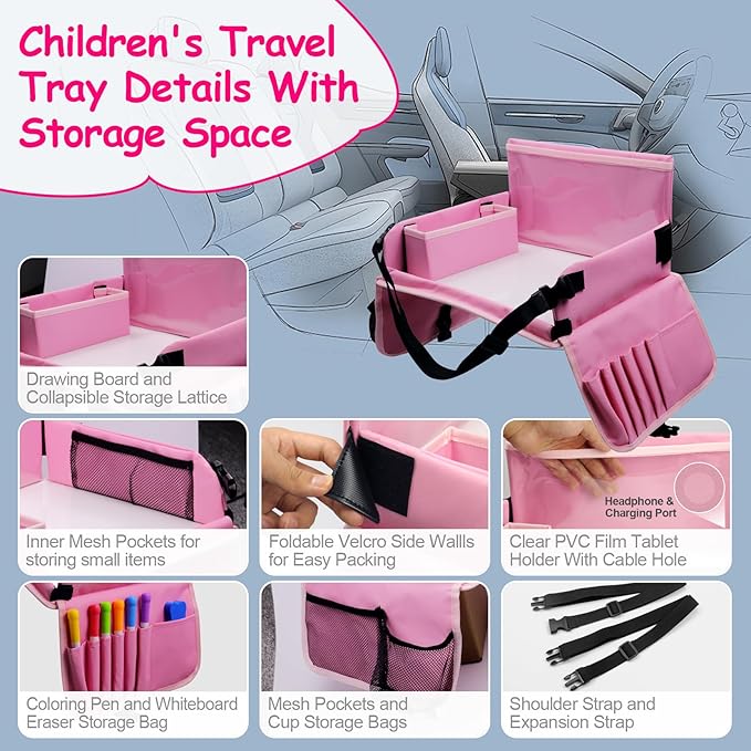 Julaiwy Car Seat Tray for Kids Travel, Carseat Tray for Toddler Road Trip Activities, Car Trays for Kids Road Trip Essentials, Travel Trays for Airplane, Toddler Car Seat Lap Table - Pink