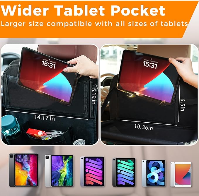 Backseat Car Organizer with Tray, 9 Storage Pockets Back Seat Protector with Foldable Tablet Holder, Waterproof Back of Seat Kick Mats for Kids Adult, Travel Accessories, Gray